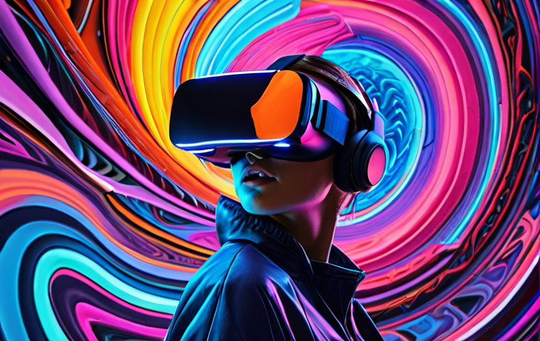 **A vibrant, swirling 3D artwork created using VR painting, showcasing a futuristic blend of colors and shapes.**