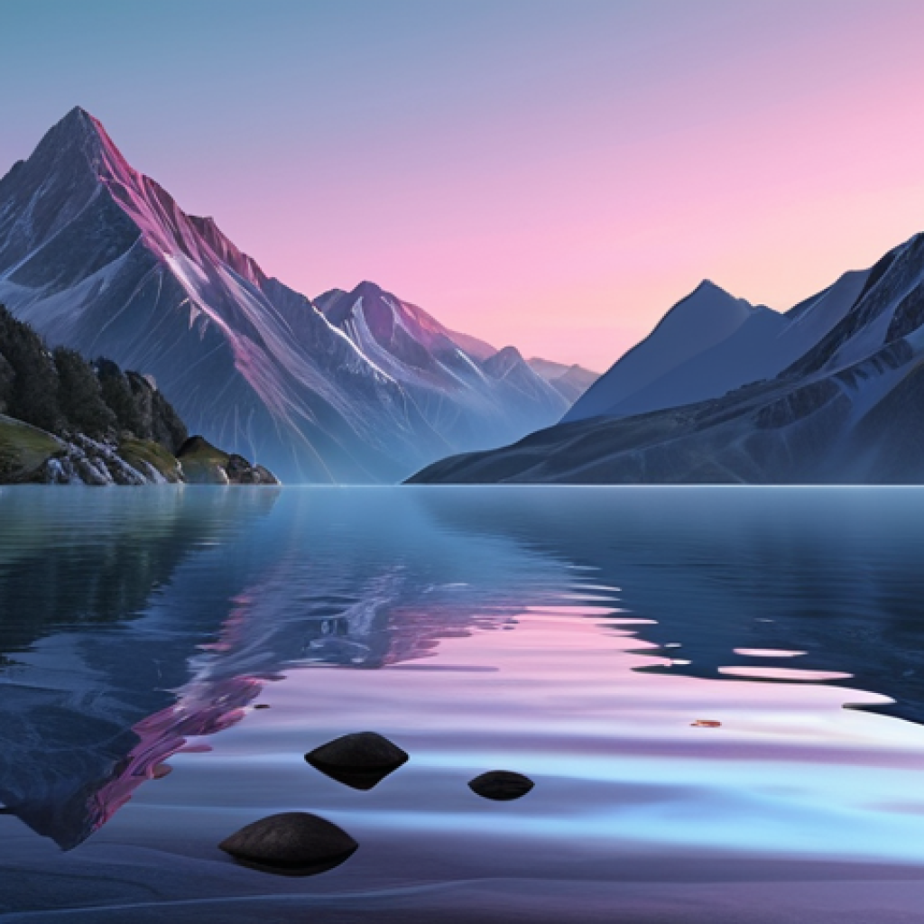**A hyperrealistic digital painting of a tranquil mountain lake at dawn.** The water surface acts as a perfect mirror, reflecting a sky with soft pink and azure hues and the silhouette of distant peaks. Emphasize subtle light play, delicate ripples, and transparent depths revealing submerged elements. Use volumetric lighting to enhance the serene and ethereal atmosphere.