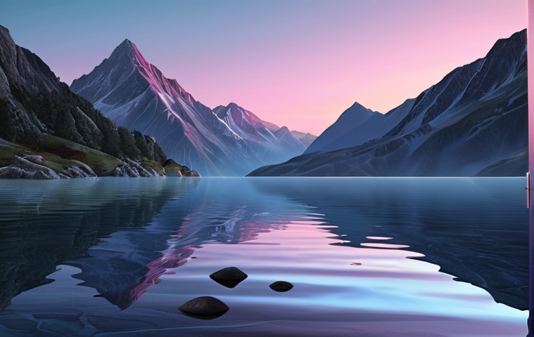 **A hyperrealistic digital painting of a tranquil mountain lake at dawn.** The water surface acts as a perfect mirror, reflecting a sky with soft pink and azure hues and the silhouette of distant peaks. Emphasize subtle light play, delicate ripples, and transparent depths revealing submerged elements. Use volumetric lighting to enhance the serene and ethereal atmosphere.