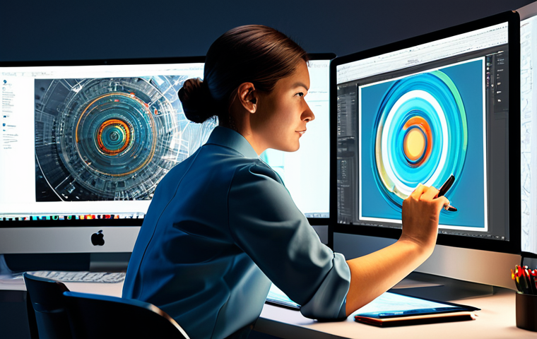 A highly skilled digital artist, fully clothed in professional, modest attire, seated at an ergonomic desk, intensely focused on a large, illuminated digital drawing tablet. Her hand gracefully manipulates a stylus, creating an intricate digital painting that merges vibrant, imaginative elements with subtle hints of AI-generated artistic styles. The background reveals a modern, minimalist studio space with soft ambient lighting, showcasing other tech elements like a sleek monitor displaying evolving 3D models. The scene conveys a deep sense of creativity and technological integration, representing artistic expression in the digital age. Professional photography, high detail, perfect anatomy, correct proportions, natural pose, well-formed hands, proper finger count, natural body proportions, professional dress, appropriate attire, safe for work, appropriate content, fully clothed, modest, family-friendly.