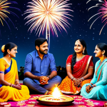 **

"A vibrant and colourful Diwali celebration scene, with family members gathered around a beautifully decorated घर. Everyone is fully clothed in traditional Indian attire, safe for work, appropriate content, professional, modest. The background shows fireworks illuminating the night sky. Perfect anatomy, natural proportions, professional photography, high quality."

**