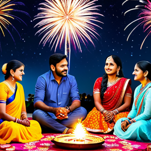**

"A vibrant and colourful Diwali celebration scene, with family members gathered around a beautifully decorated घर. Everyone is fully clothed in traditional Indian attire, safe for work, appropriate content, professional, modest. The background shows fireworks illuminating the night sky. Perfect anatomy, natural proportions, professional photography, high quality."

**