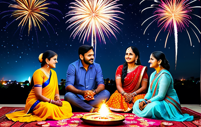 **

"A vibrant and colourful Diwali celebration scene, with family members gathered around a beautifully decorated घर. Everyone is fully clothed in traditional Indian attire, safe for work, appropriate content, professional, modest. The background shows fireworks illuminating the night sky. Perfect anatomy, natural proportions, professional photography, high quality."

**