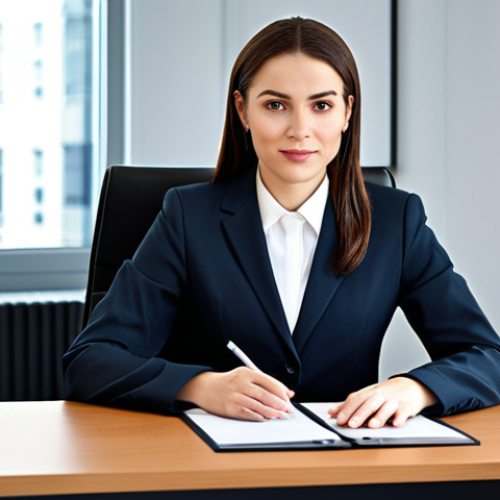 **

"A professional businesswoman in a modest business suit, sitting at a desk in a modern office, fully clothed, appropriate attire, safe for work, perfect anatomy, natural proportions, professional photography, high quality."

**