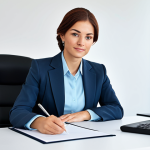** A professional businesswoman in a modest business suit, sitting at a desk in a modern office, fully clothed, appropriate attire, safe for work, perfect anatomy, natural proportions, professional photography, high quality.

**