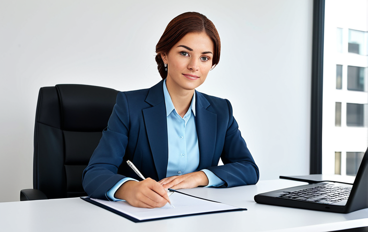 ** A professional businesswoman in a modest business suit, sitting at a desk in a modern office, fully clothed, appropriate attire, safe for work, perfect anatomy, natural proportions, professional photography, high quality.
**