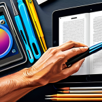 Digital Art Book Cover - Creative Journey**

"A vibrant digital painting of an artist's hands working on a tablet, creating a book cover illustration, surrounded by colorful digital brushes and tools, fully clothed, appropriate attire, safe for work, perfect anatomy, professional composition, modern art style, high resolution"

**