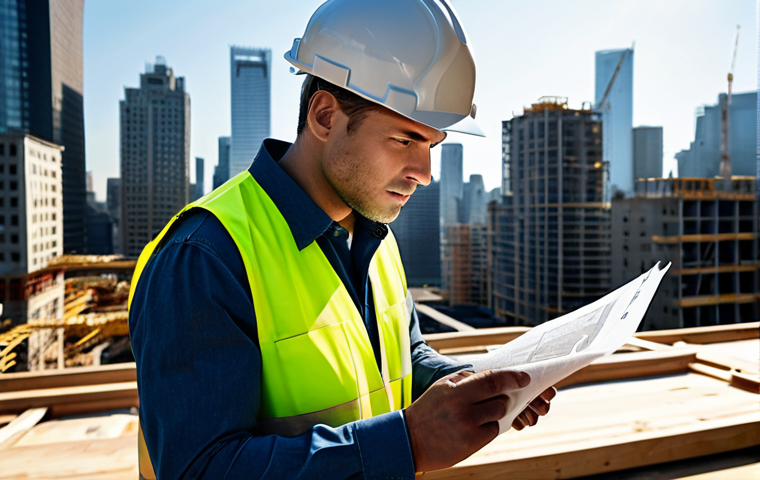 3D 모델링과 디지털아트 융합 - **
"A professional architect, fully clothed in a modest, stylish outfit, reviewing blueprints at a ...