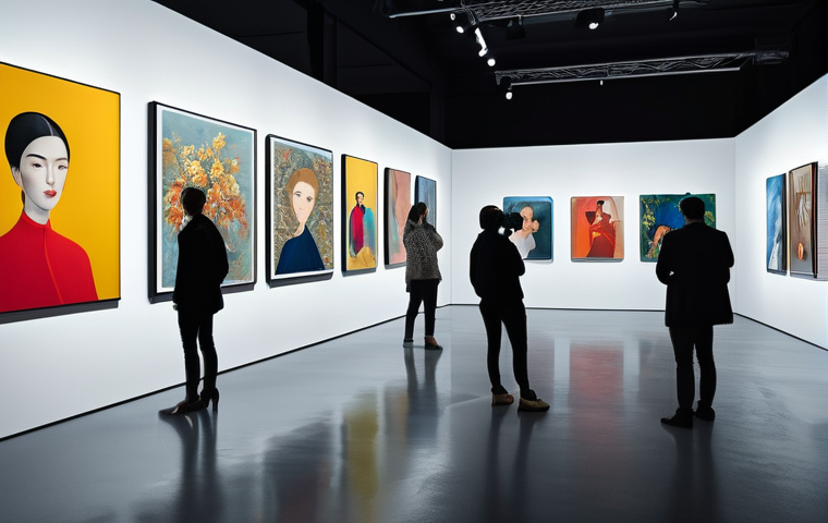 디지털아트 포트폴리오 기획 방법 - **A modern digital art gallery showcase:** A diverse group of artists, each wearing stylish but mode...