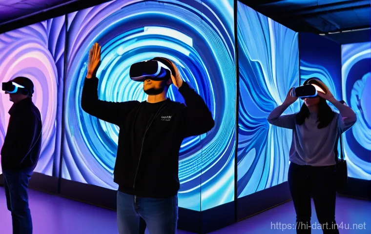 디지털아트 전시회 개최 방법 - **Immersive Digital Art Experience:** A diverse group of people, ranging from teenagers to adults, f...