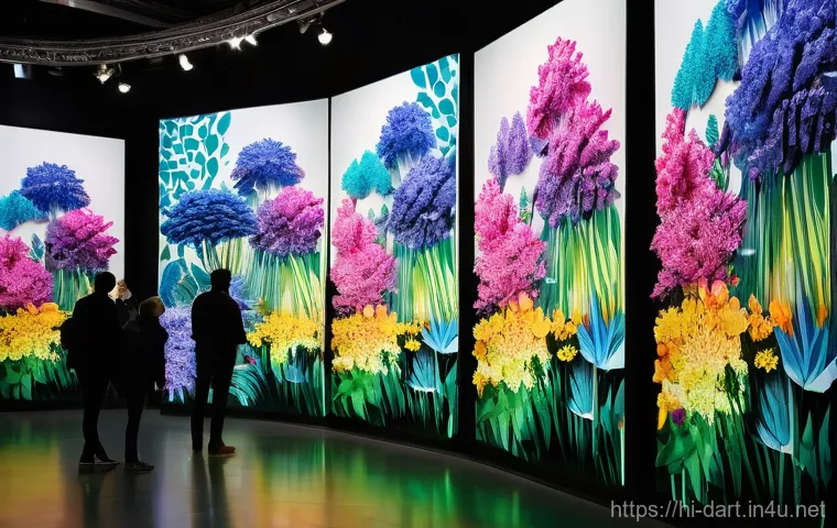 디지털아트 전시회 개최 방법 - **Immersive Digital Art Experience:** A diverse group of people, ranging from teenagers to adults, f...