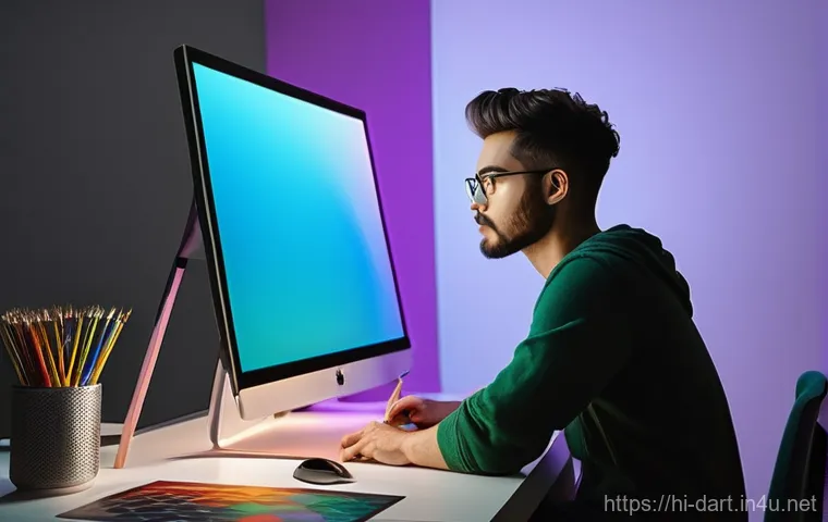 디지털아트 인쇄 설정 가이드 - **Prompt:** A young, fully clothed digital artist, gender-neutral, in their late 20s, with a focused...