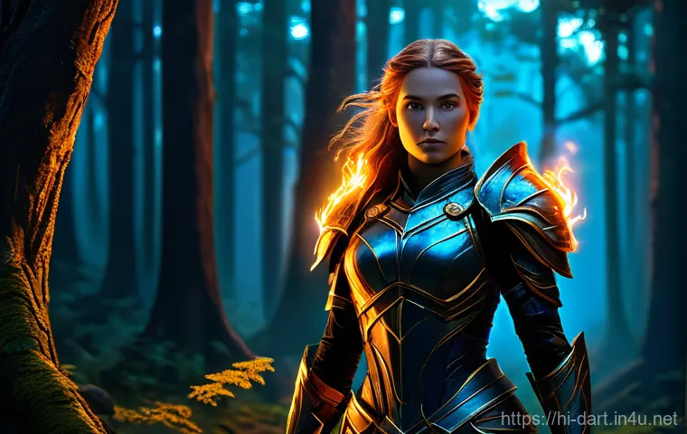 라이트룸을 활용한 디지털아트 보정 - **Prompt 1: "Fire and Glow" Digital Warrior Portrait**
    "A majestic, full-body digital art portra...