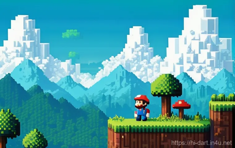 디지털아트 픽셀 아트 vs 벡터 아트 - **Prompt:** A vibrant, nostalgic 8-bit pixel art scene depicting a classic adventure video game leve...