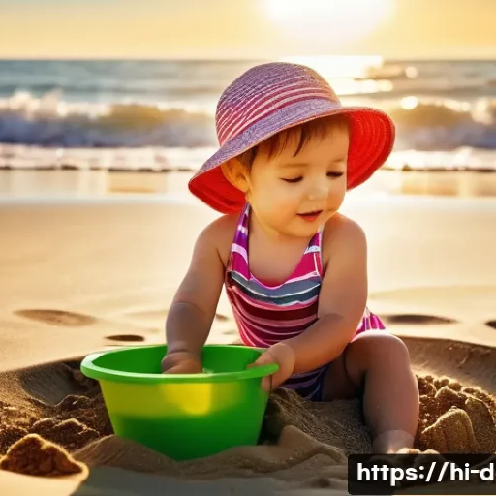 픽셀아트 도트 크기 설정 방법 - **A toddler playing in a sandbox at the beach, wearing a colorful swimsuit and a sun hat. The sun is...