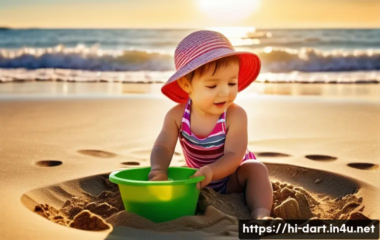 픽셀아트 도트 크기 설정 방법 - **A toddler playing in a sandbox at the beach, wearing a colorful swimsuit and a sun hat. The sun is...