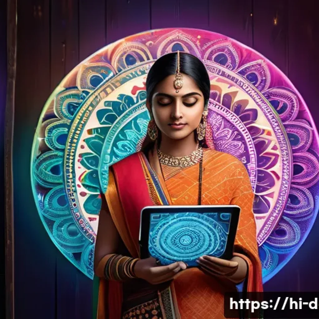 디지털아트와 전통미술 융합 - A vibrant digital artwork blending traditional Indian art styles with modern technology, featuring a...