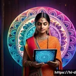 Home 16 디지털아트와 전통미술 융합 - A vibrant digital artwork blending traditional Indian art styles with modern technology, featuring a...
