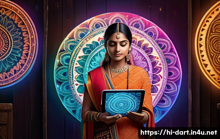 디지털아트와 전통미술 융합 - A vibrant digital artwork blending traditional Indian art styles with modern technology, featuring a...