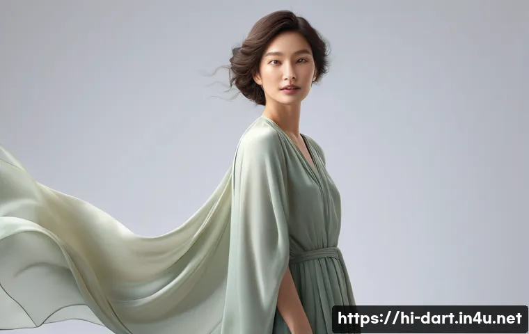 디지털아트 캐릭터 옷주름 표현법 - A digital portrait of a standing character wearing soft silk and chiffon fabric clothing with flowin...