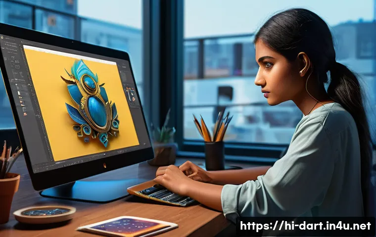 디지털아트 포트폴리오 제작법 - A professional digital artist&rsquo;s workspace showcasing a clean, minimalist design with multiple high-r...