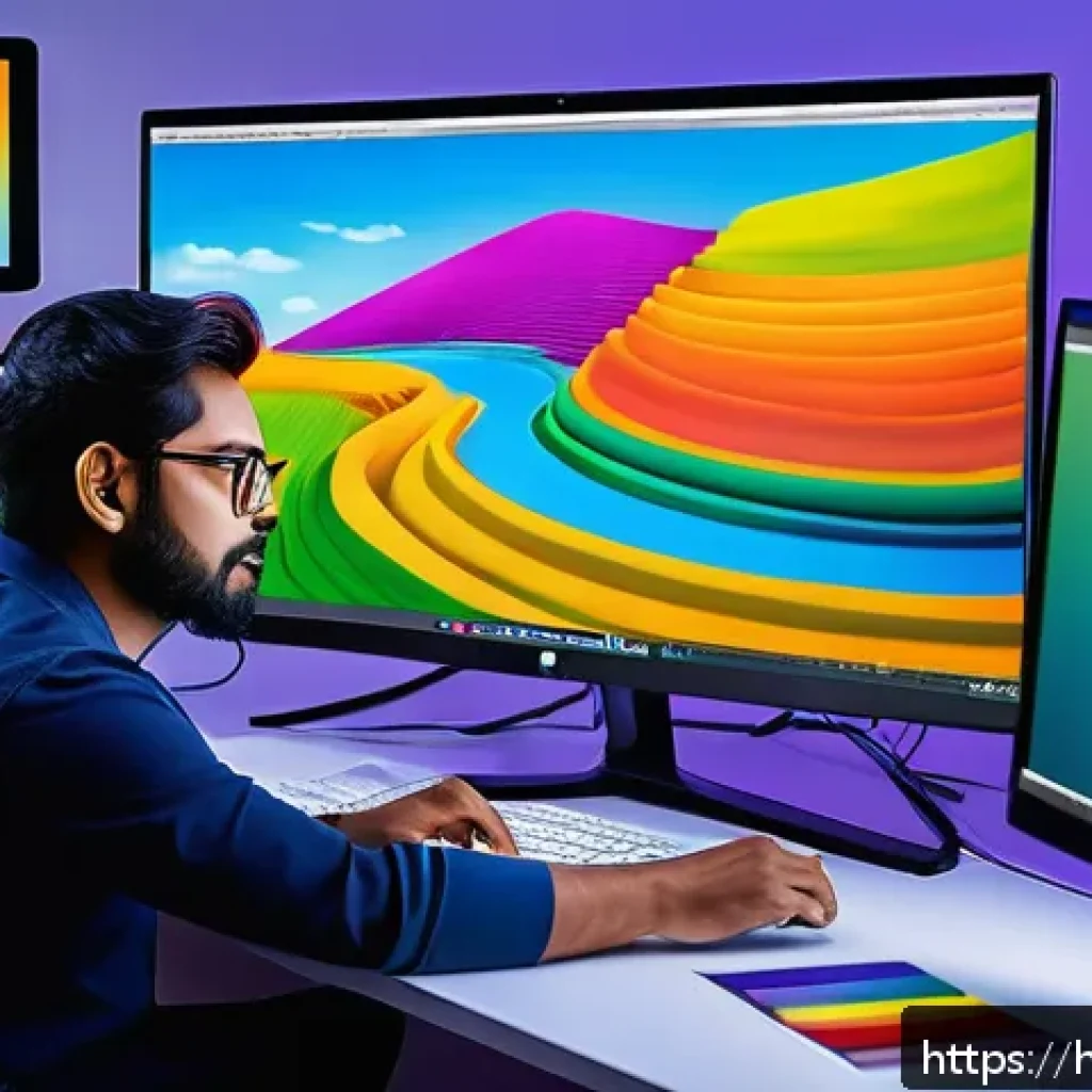 디지털아트의 컬러 매니지먼트 - A vibrant digital art studio scene featuring a Hindi-speaking artist working on a colorful digital p...