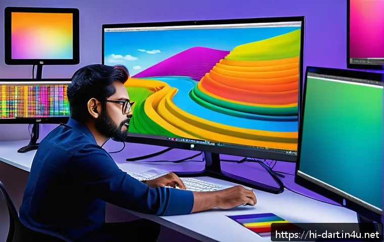 디지털아트의 컬러 매니지먼트 - A vibrant digital art studio scene featuring a Hindi-speaking artist working on a colorful digital p...