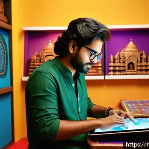 디지털아트와 증강현실 AR - A vibrant digital art studio scene featuring a young Indian artist wearing casual clothes and glasse...
