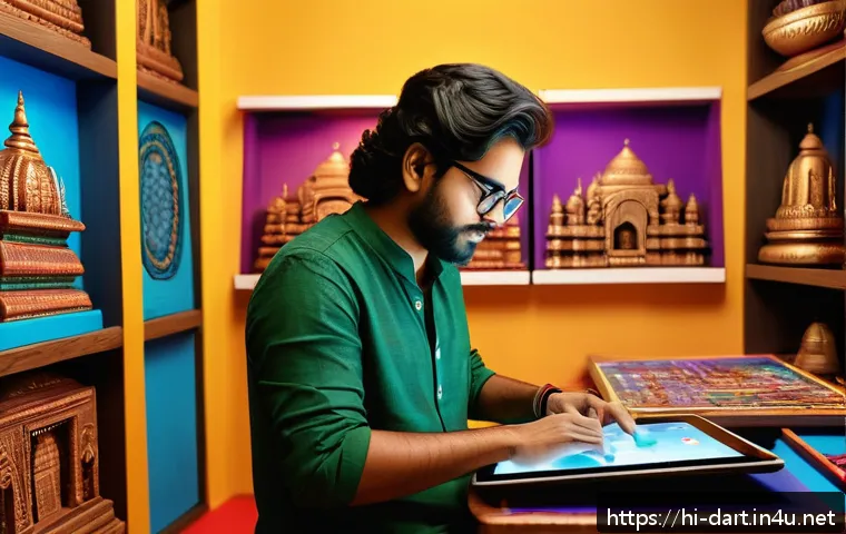 디지털아트와 증강현실 AR - A vibrant digital art studio scene featuring a young Indian artist wearing casual clothes and glasse...