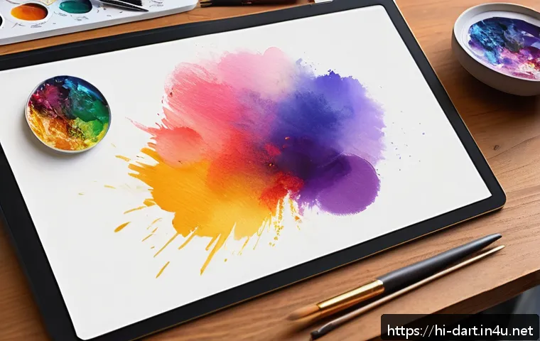 디지털아트 손그림 스타일 연출법 - A detailed digital painting workspace featuring a graphic tablet like Wacom or iPad Pro with a stylu...