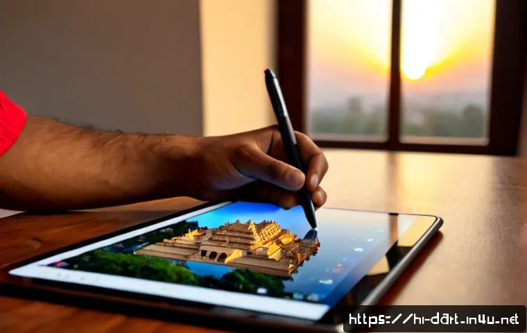 갤럭시탭 S 시리즈 아트 성능 - Photorealistic close-up of a sleek premium tablet with no logo, displaying a richly detailed digital...