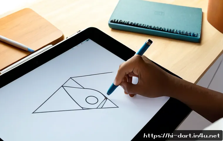 디지털아트 드로잉 기초 - Photorealistic overhead view of a beginner learning digital art drawing on a large pen display table...